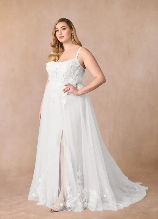 A-Line Spaghetti Strap Tulle High Slit Wedding Dress - Yihuiw by Yihuiw