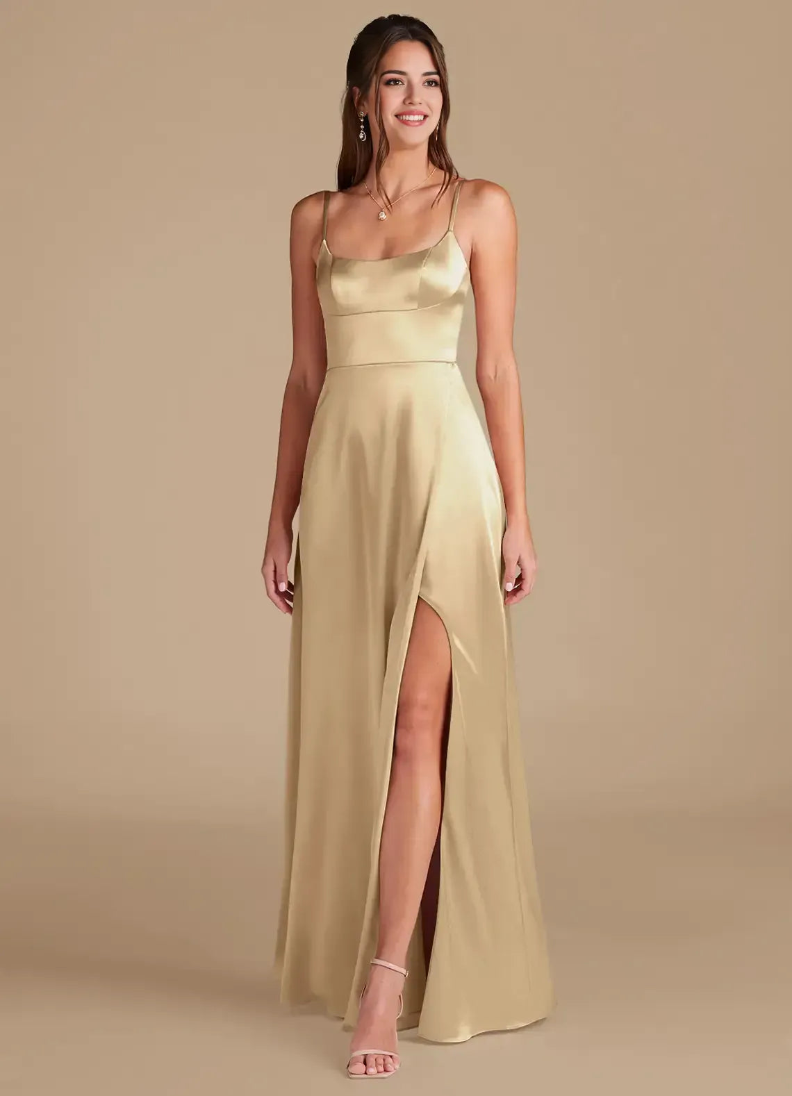 Spaghetti Strap Satin Button Back High Slit Wedding Dress - Yihuiw by Yihuiw