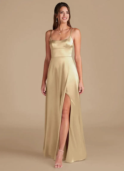 Spaghetti Strap Satin Button Back High Slit Wedding Dress - Yihuiw by Yihuiw
