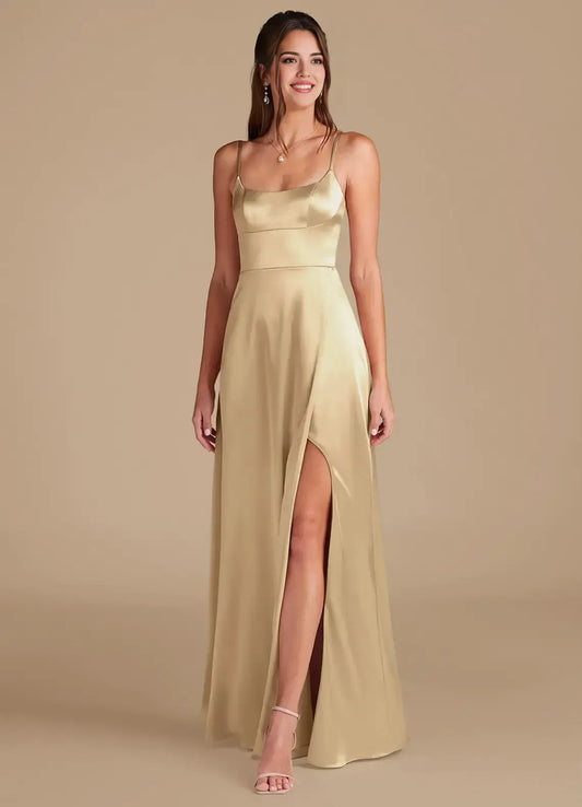 Spaghetti Strap Satin Button Back High Slit Wedding Dress - Yihuiw by Yihuiw