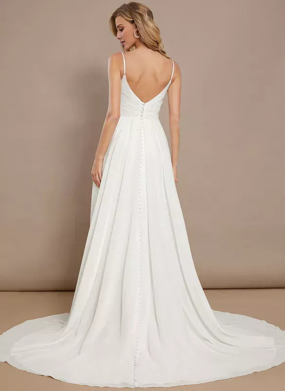 Spaghetti Strap Chiffon Button Back High Slit Wedding Dress - Yihuiw by Yihuiw
