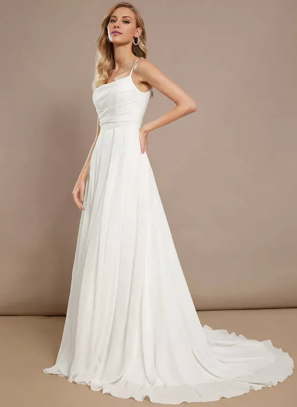 Spaghetti Strap Chiffon Button Back High Slit Wedding Dress - Yihuiw by Yihuiw