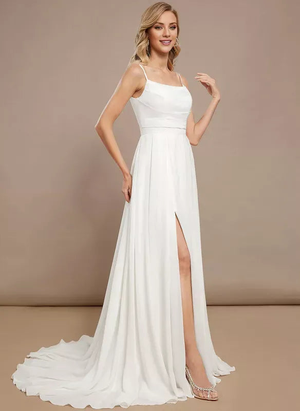 Spaghetti Strap Chiffon Button Back High Slit Wedding Dress - Yihuiw by Yihuiw