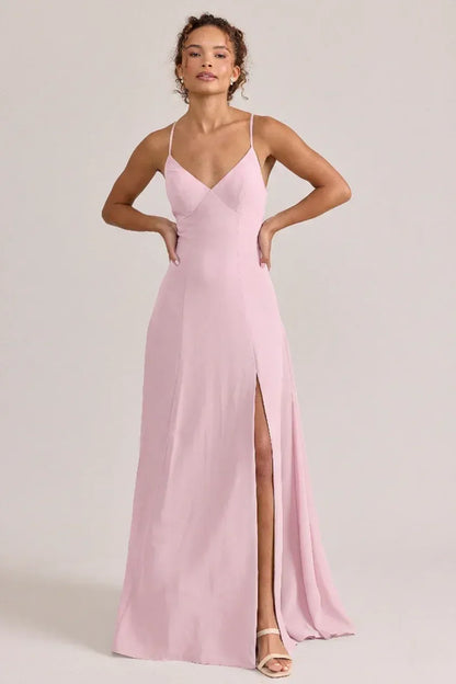 A-Line V-Neck Chiffon High Slit Wedding Dress - Yihuiw by Yihuiw