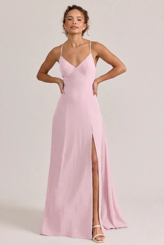 A-Line V-Neck Chiffon High Slit Wedding Dress - Yihuiw by Yihuiw