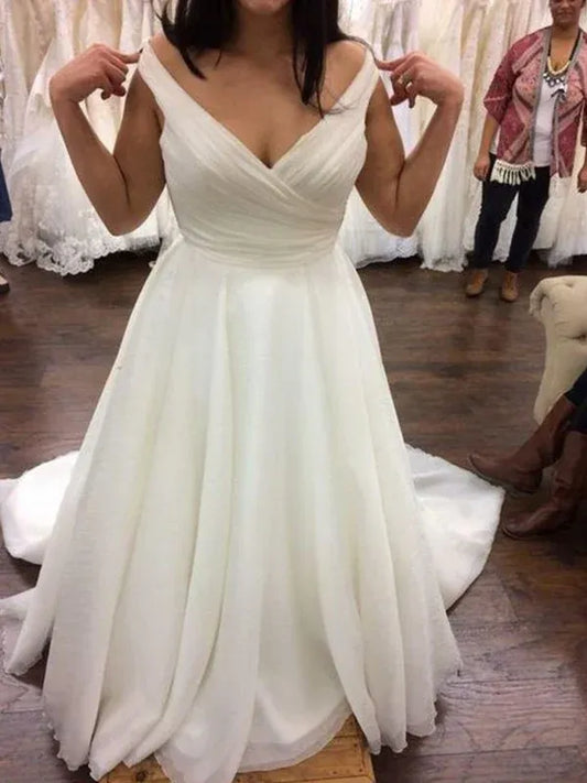 A-Line V-Neck Chiffon Train Wedding Dress - Yihuiw by Yihuiw