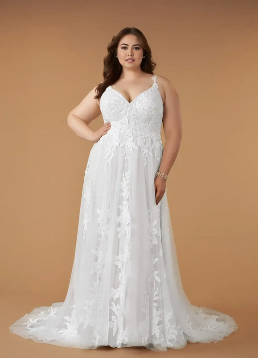 A-Line V-Neck Tulle Train Wedding Dress - Yihuiw by Yihuiw