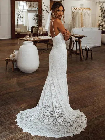 Mermaid Spaghetti Strap Lace Train Wedding Dress - Yihuiw by Yihuiw