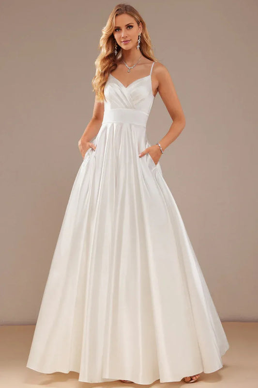 Spaghetti Strap Satin Button Back Wedding Dress - Yihuiw by Yihuiw