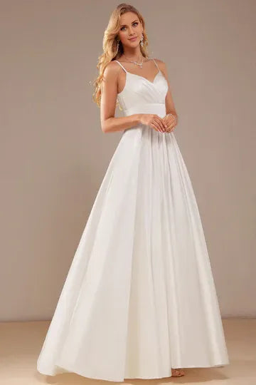 Spaghetti Strap Satin Button Back Wedding Dress - Yihuiw by Yihuiw