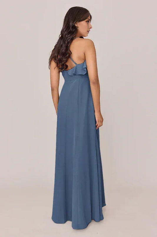 A-Line V-Neck Chiffon High Slit Wedding Dress - Yihuiw by Yihuiw