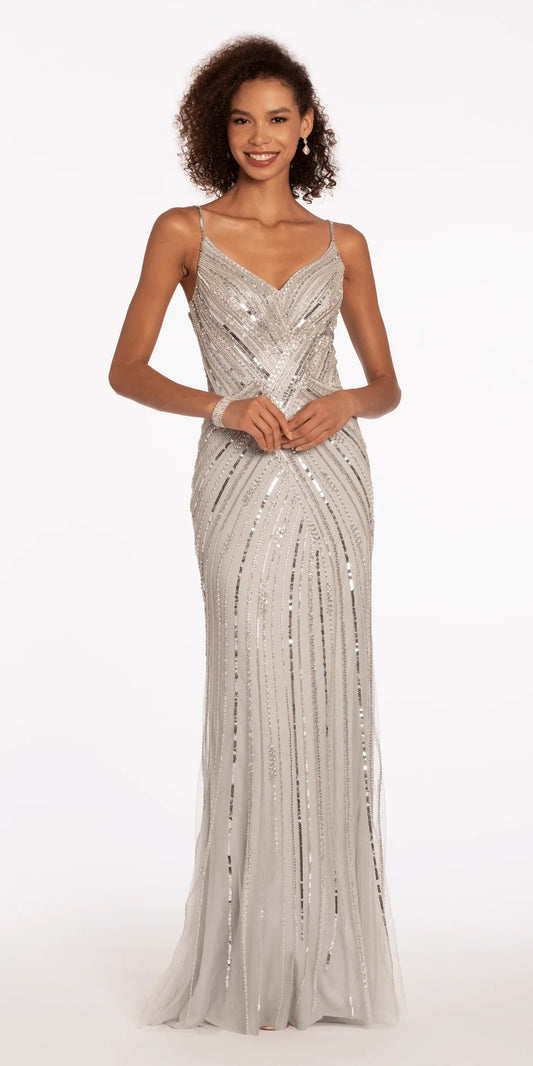 Spaghetti Strap Beaded Tulle Mermaid Evening Dresses with Deep V-Back and Sheer Mesh Inserts