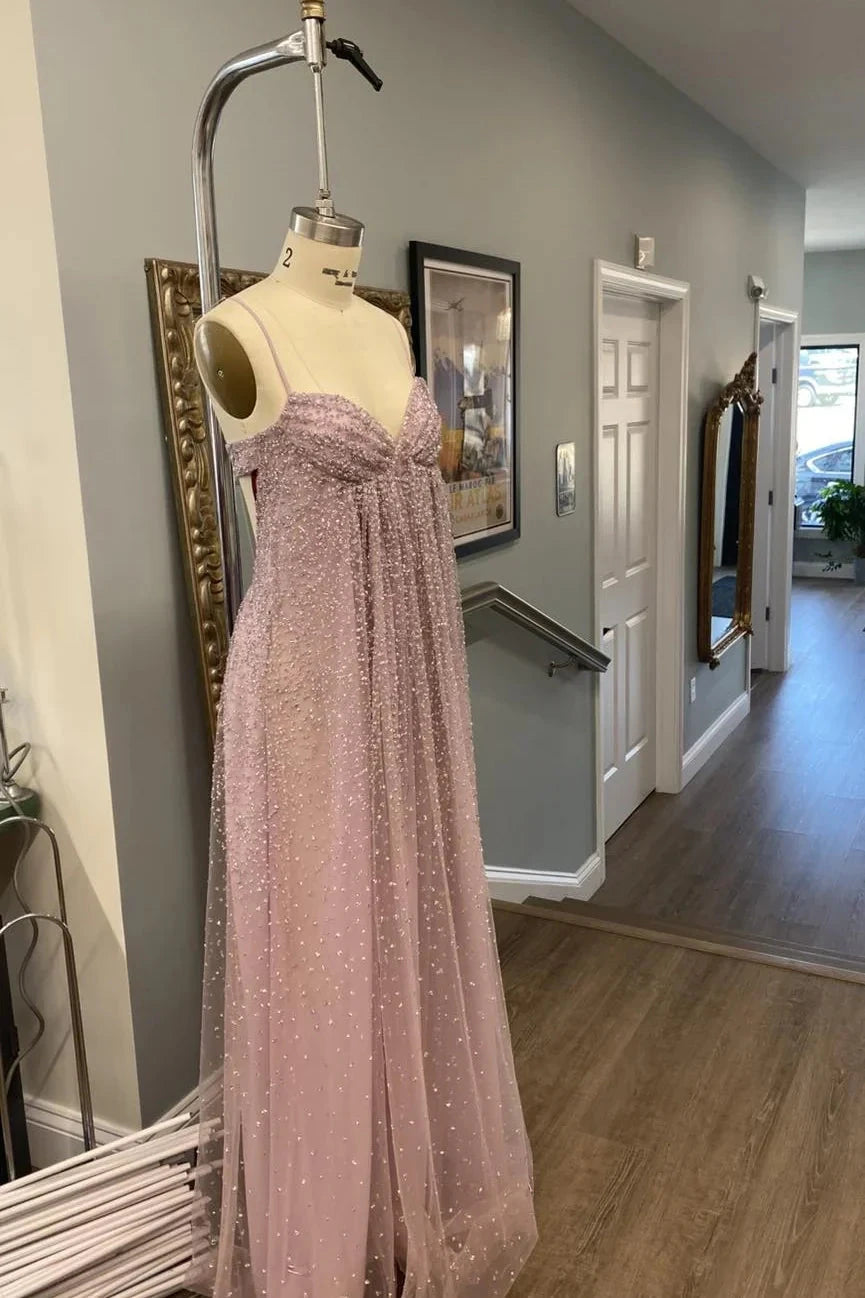 Spaghetti Strap Beaded Tulle Prom Dress with Open Back and Flowy Skirt by JiMiss Dresses