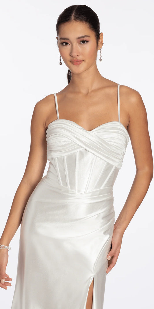 Spaghetti Strap Corset Bodice Satin Mermaid Evening Dresses with Lace-Up Back and Front Slit
