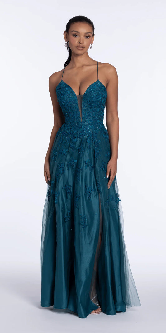 Spaghetti Strap Embroidered Tulle A-Line Evening Dresses with Lace-Up Back and Side Slit