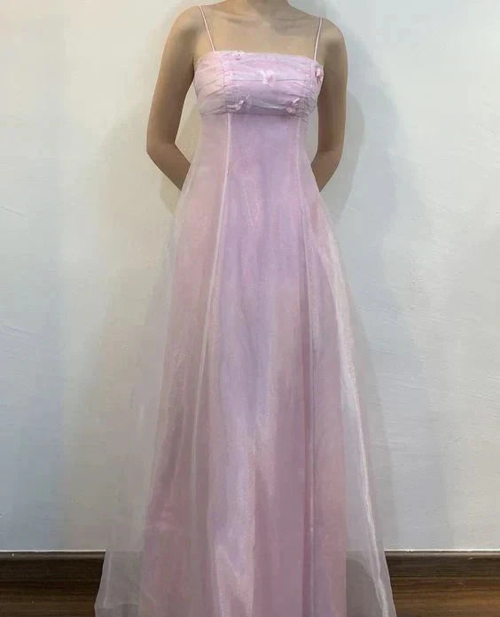 Spaghetti Strap Long Chiffon Tulle Ball Gown Evening Dress Birthday Party Dress Prom Dress simple gentle atmospheric and unique desi Bring summer colors to enhance whiteness by YiHuiw