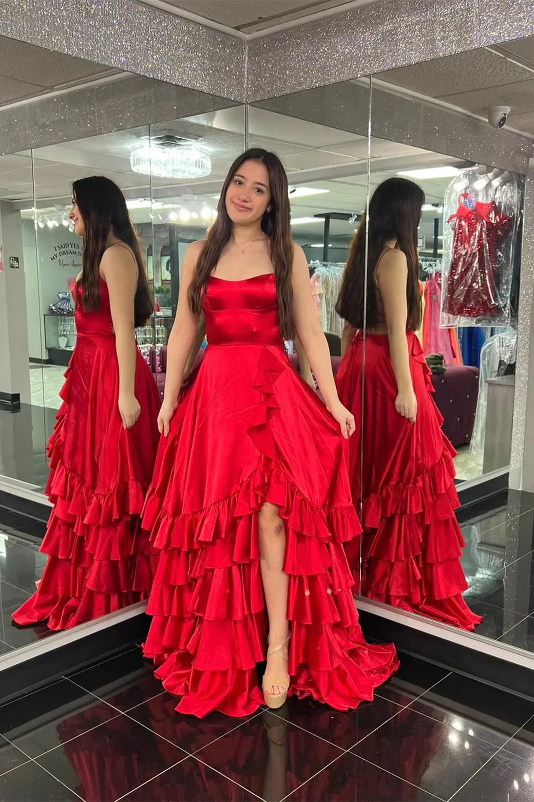 Spaghetti Strap Ruffle Tiered Prom Dresses High Slit Lace Up Back Train Formal Gown by JiMiss Dresses