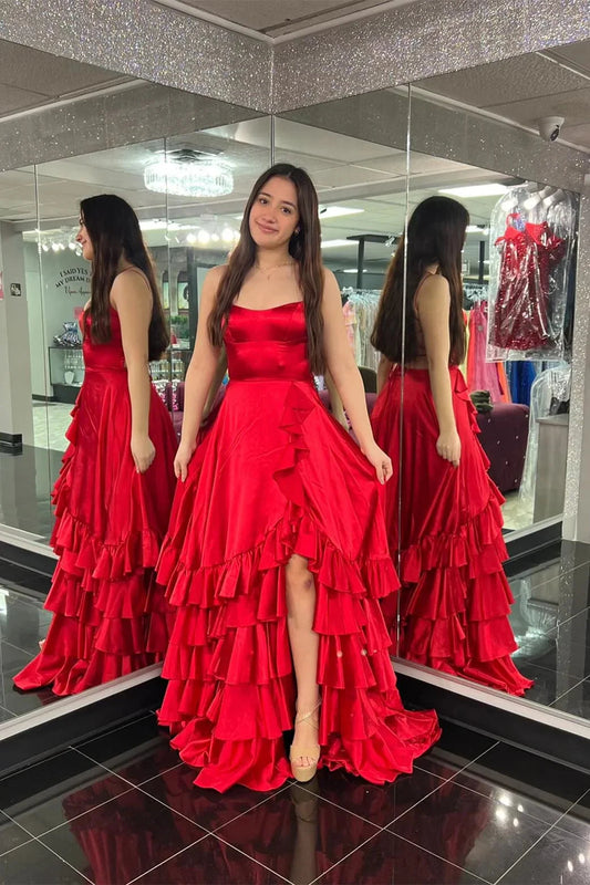 Spaghetti Strap Ruffle Tiered Prom Dresses High Slit Lace Up Back Train Formal Gown by JiMiss Dresses