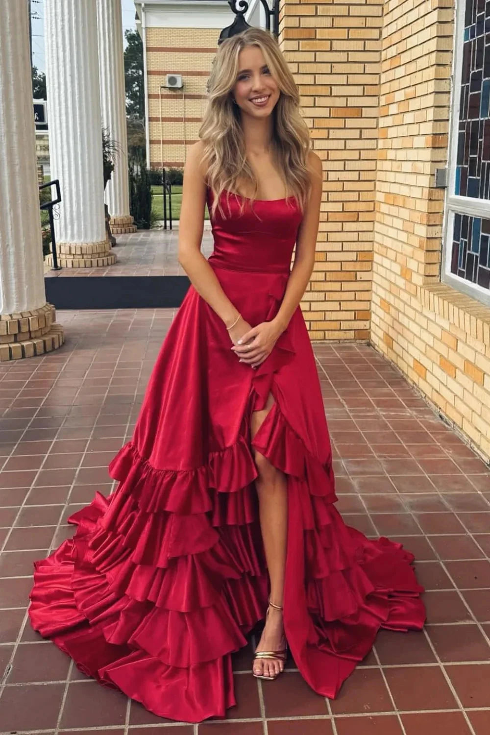 Spaghetti Strap Ruffle Tiered Prom Dresses High Slit Lace Up Back Train Formal Gown by JiMiss Dresses