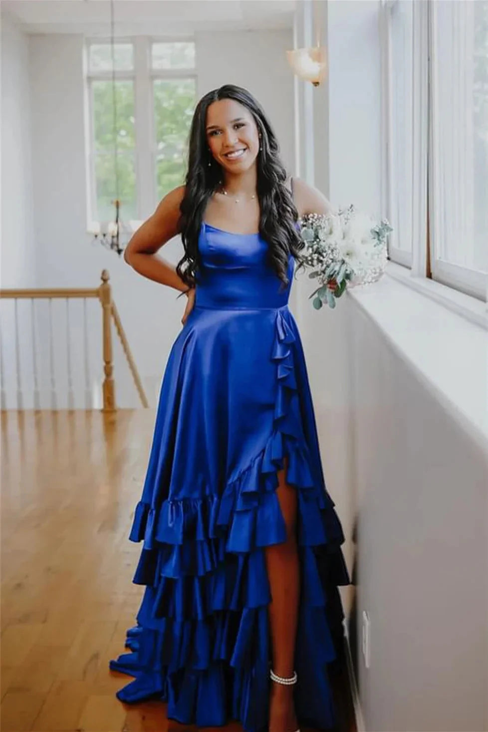 Spaghetti Strap Ruffle Tiered Prom Dresses High Slit Lace Up Back Train Formal Gown by JiMiss Dresses