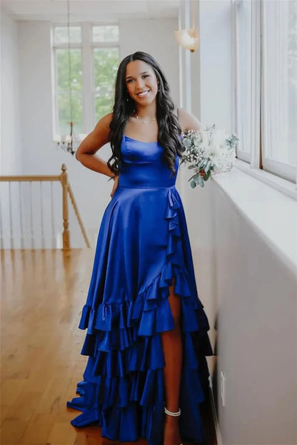 Spaghetti Strap Ruffle Tiered Prom Dresses High Slit Lace Up Back Train Formal Gown by JiMiss Dresses
