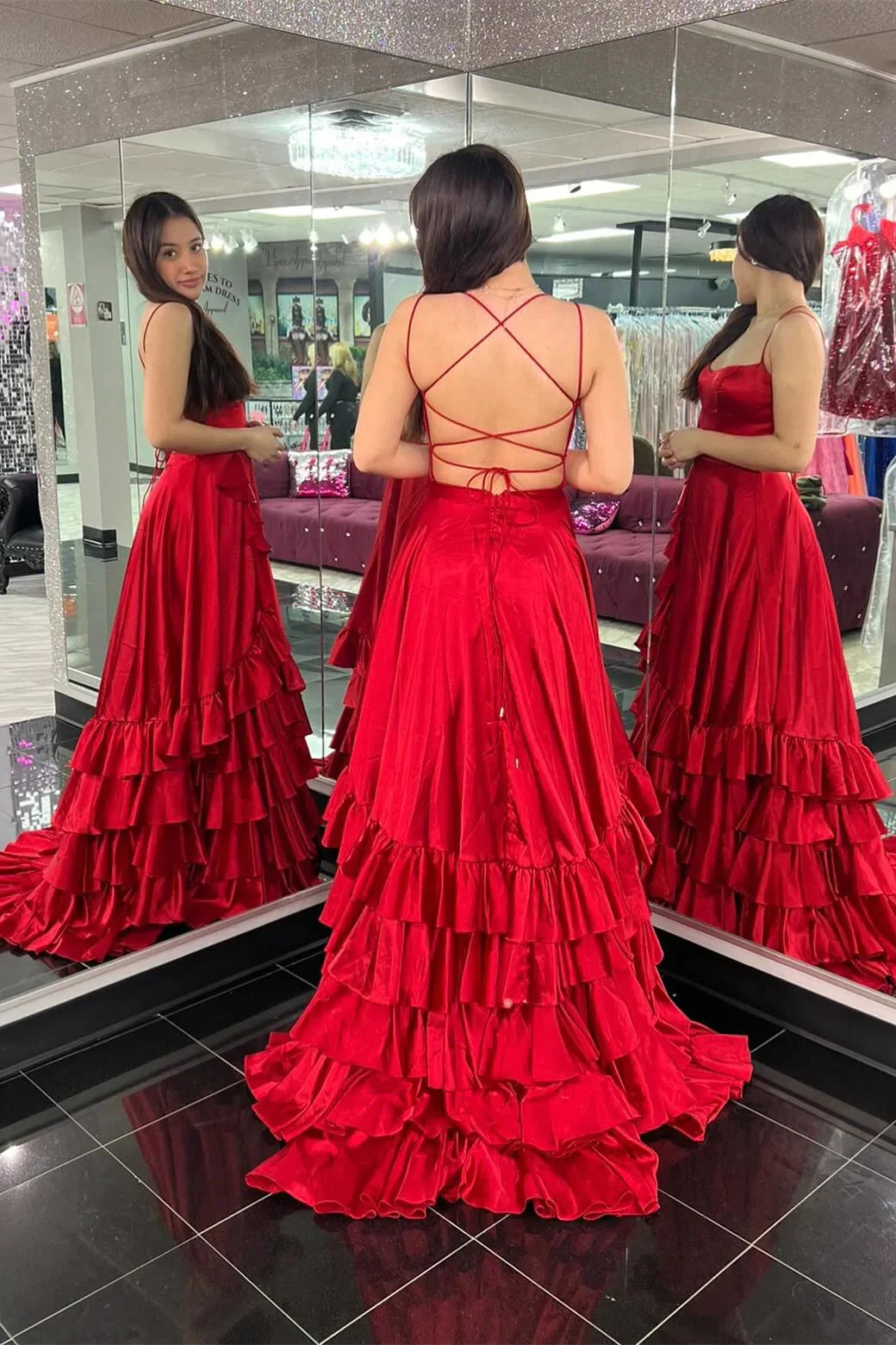 Spaghetti Strap Ruffle Tiered Prom Dresses High Slit Lace Up Back Train Formal Gown by JiMiss Dresses