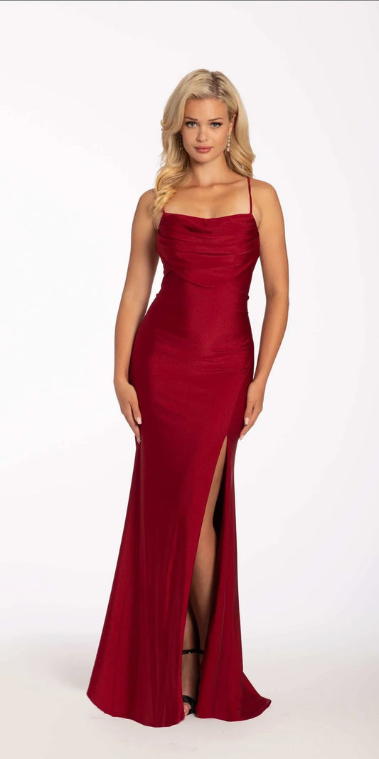 Spaghetti Strap Satin Mermaid Evening Dresses with Lace-Up Back and Side Slit