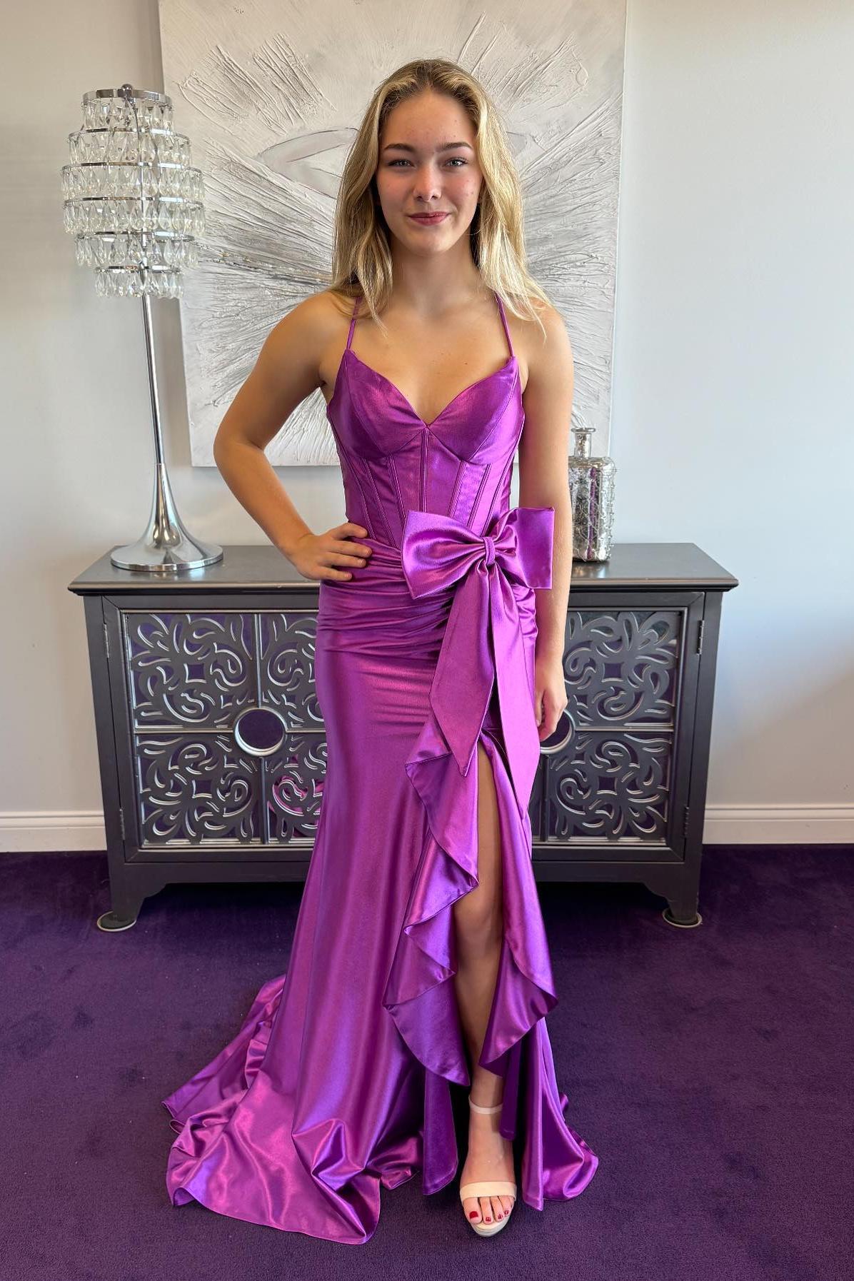 Spaghetti Strap Satin Mermaid Prom Dress with Sweetheart Neckline, Corset Bodice, Oversized Bow & Ruffled High Slit Train by JiMiss Dresses