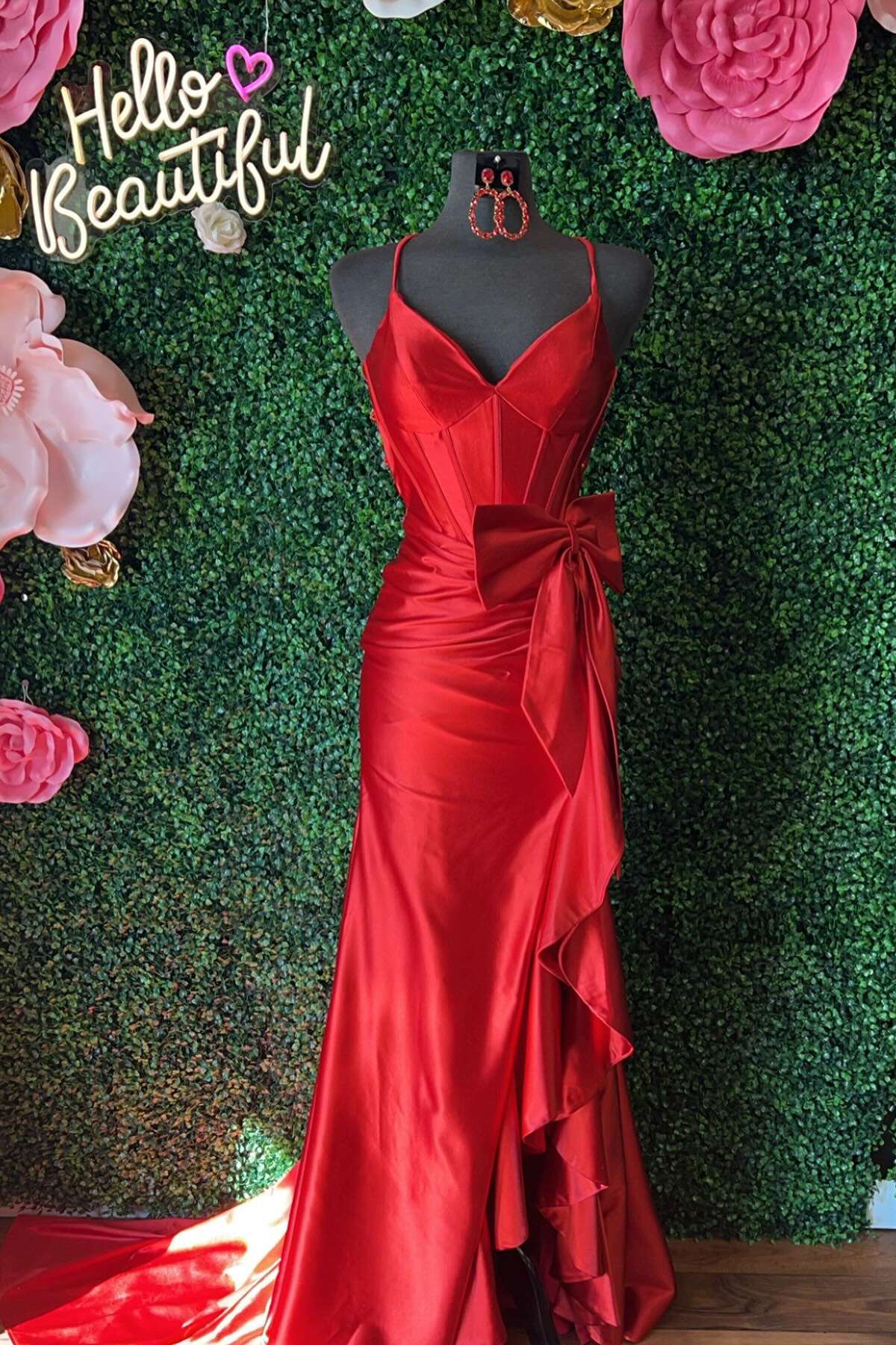 Spaghetti Strap Satin Mermaid Prom Dress with Sweetheart Neckline, Corset Bodice, Oversized Bow & Ruffled High Slit Train by JiMiss Dresses