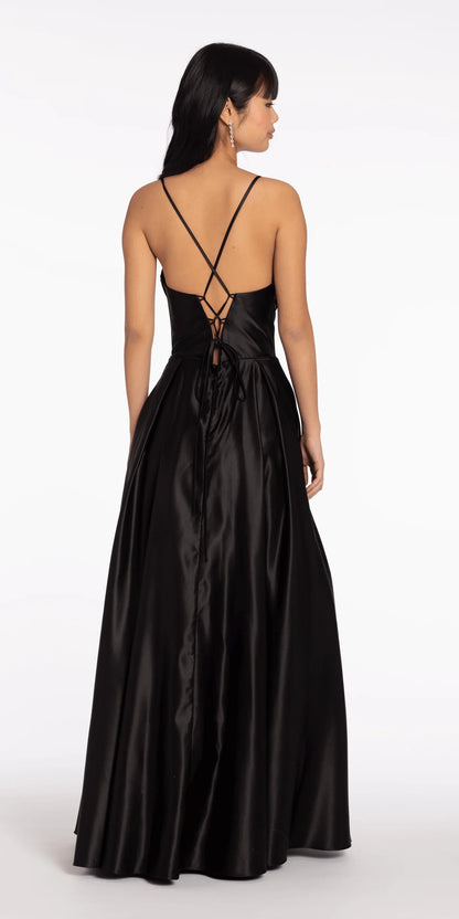 Robes de soirée en satin avec corset à bustier à paillettes, bretelles spaghetti, dos lacé et poches