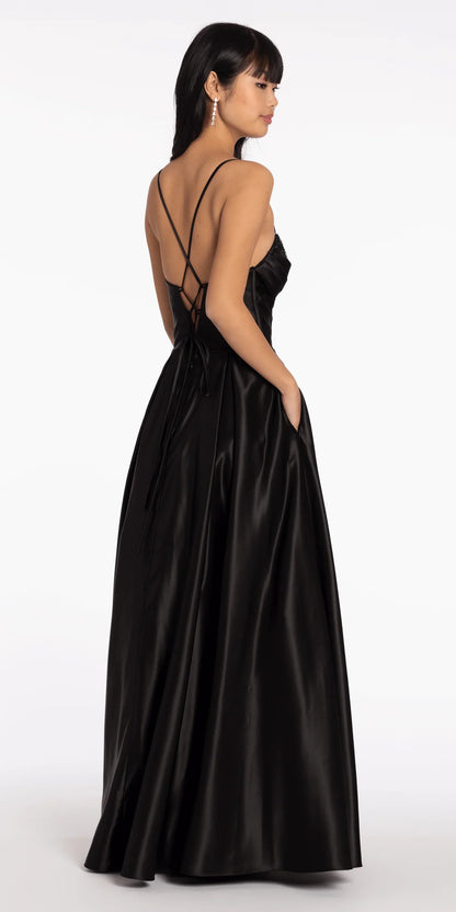 Robes de soirée en satin avec corset à bustier à paillettes, bretelles spaghetti, dos lacé et poches