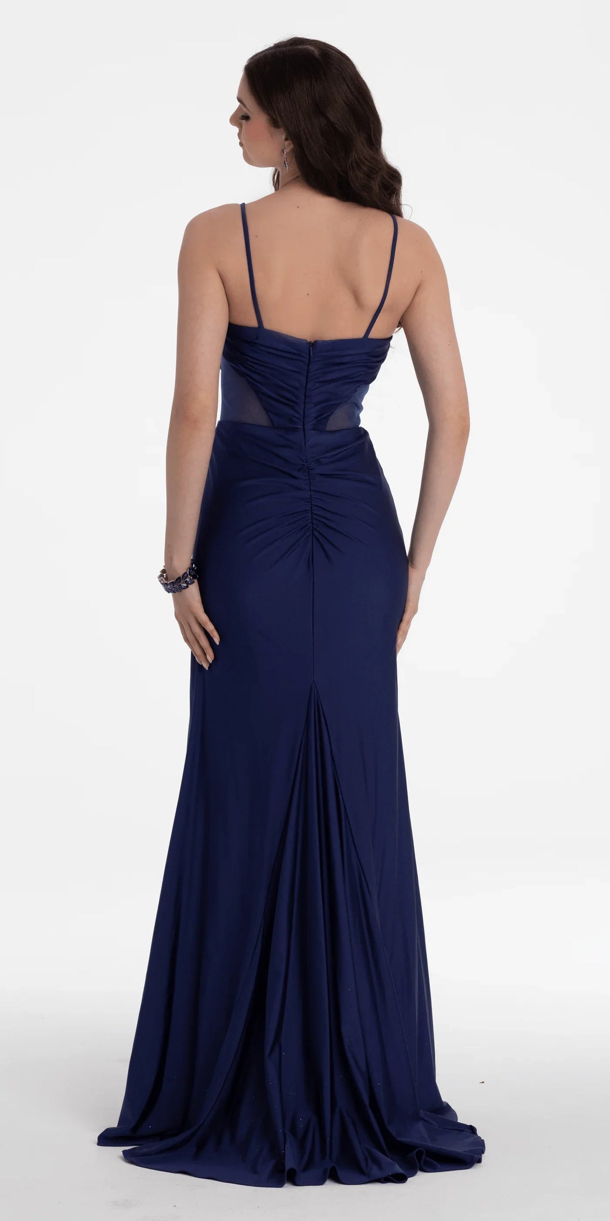 Vestidos de noche de sirena de punto con tirantes finos, escote de lentejuelas y panel de malla transparente en la cintura