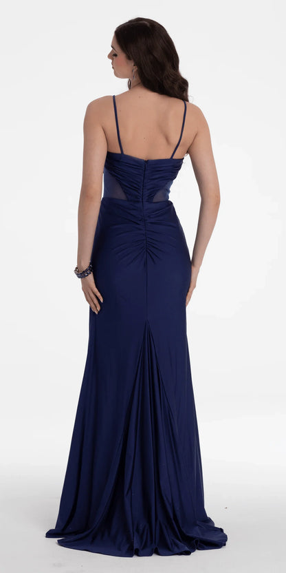 Vestidos de noche de sirena de punto con tirantes finos, escote de lentejuelas y panel de malla transparente en la cintura