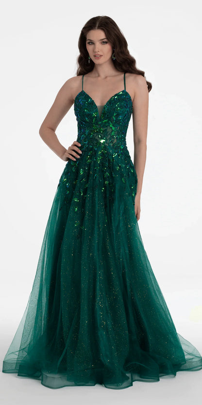 Robes de soirée en tulle à fines bretelles, ornées de feuilles à paillettes, avec décolleté en V et traîne longue