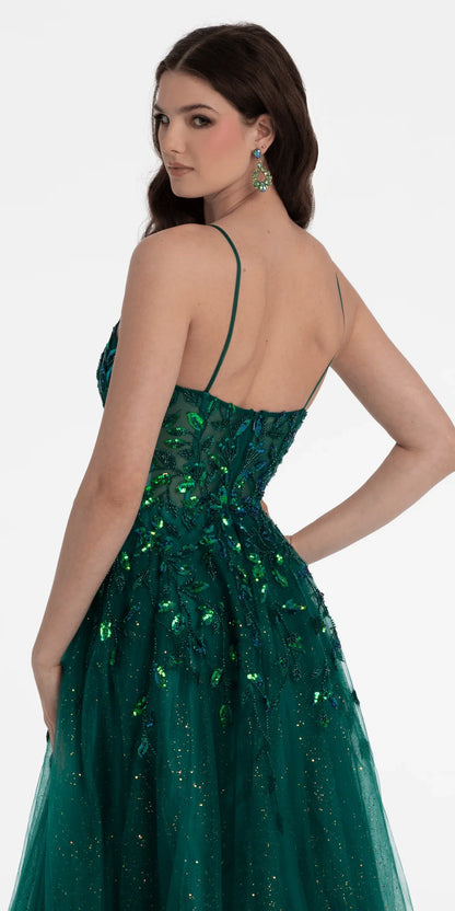 Robes de soirée en tulle à fines bretelles, ornées de feuilles à paillettes, avec décolleté en V et traîne longue