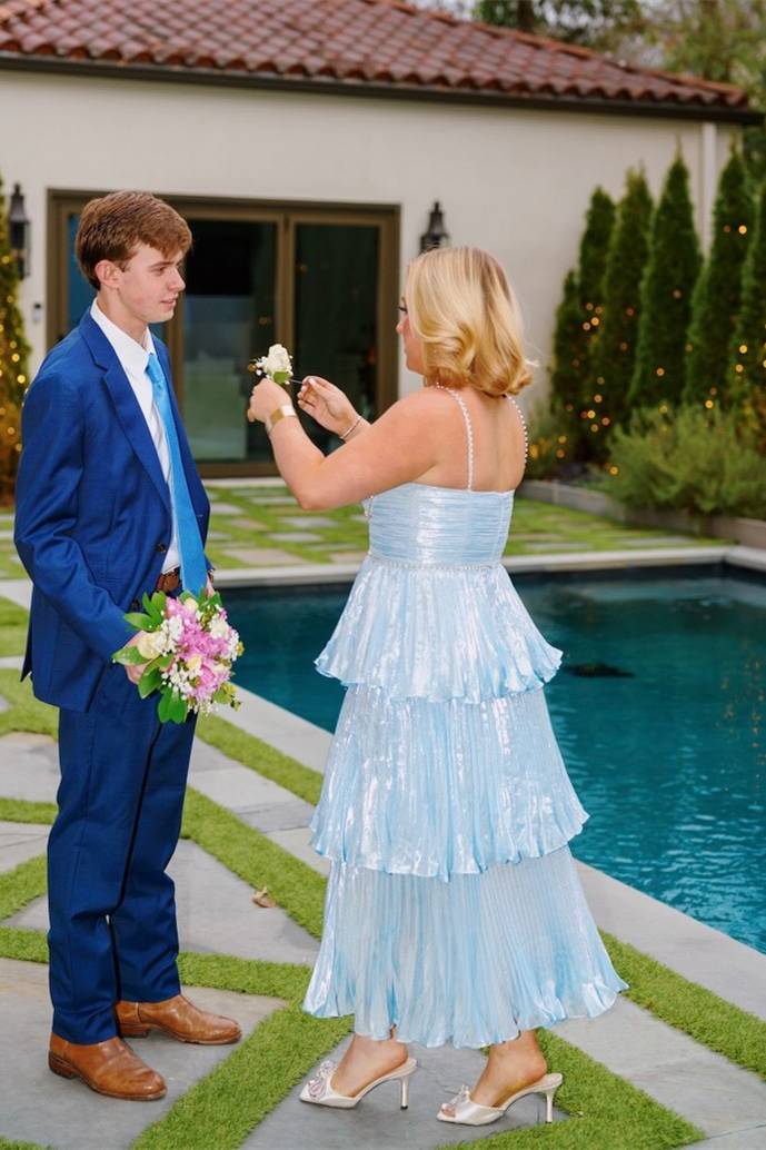 Spaghetti Strap Tiered Metallic Prom Dress with Beaded Trim and Pleated Skirt – Retro-Inspired Formal Gown for Prom Night by JiMiss Dresses