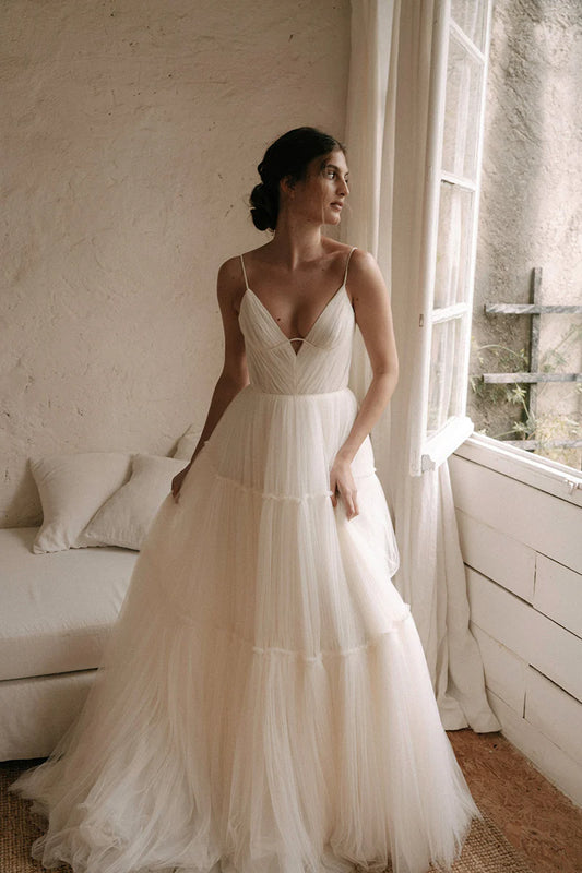 Spaghetti Strap V-Neck Tiered Tulle A-Line Wedding Dress with Low Back & Chapel Train
