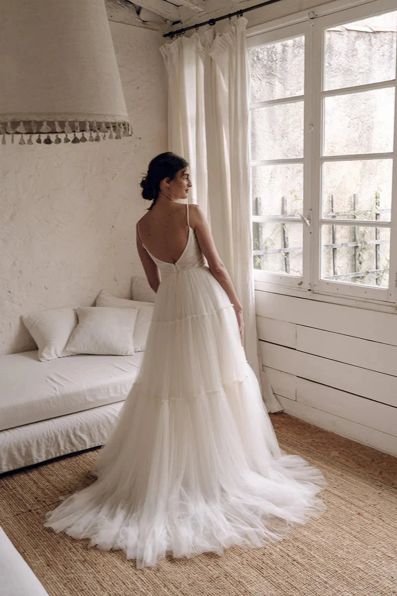 Spaghetti Strap V-Neck Tiered Tulle A-Line Wedding Dress with Low Back & Chapel Train by YiHuiw