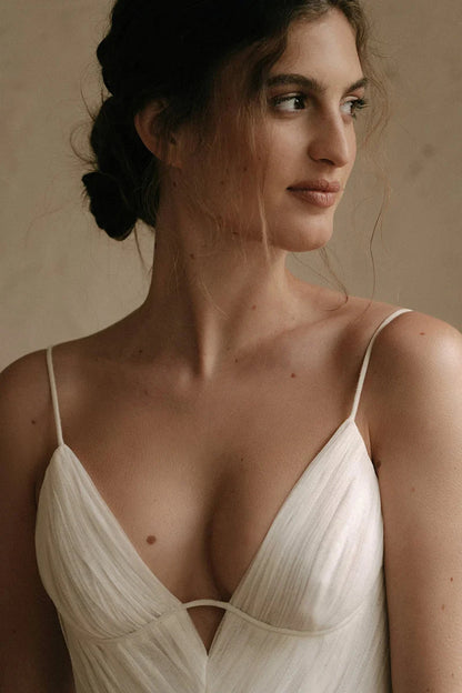 Spaghetti Strap V-Neck Tiered Tulle A-Line Wedding Dress with Low Back & Chapel Train by YiHuiw