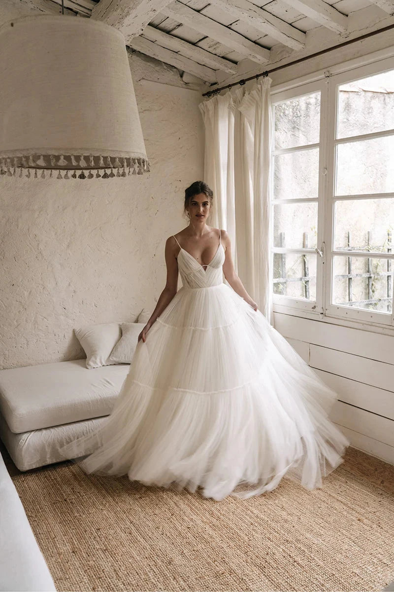 Spaghetti Strap V-Neck Tiered Tulle A-Line Wedding Dress with Low Back & Chapel Train by YiHuiw