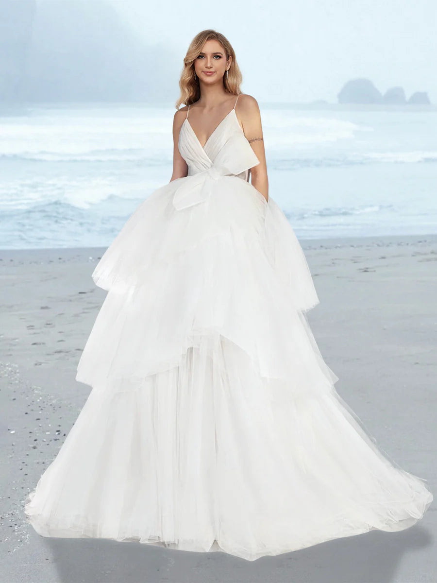 Spaghetti Strap V Neck Tulle Wedding Dress with Bow Decor Tiered Ruffle Sweep Train Bridal Dress