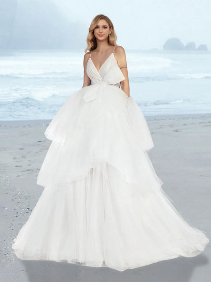 Spaghetti Strap V Neck Tulle Wedding Dress with Bow Decor Tiered Ruffle Sweep Train Bridal Dress