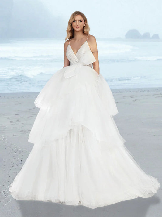 Spaghetti Strap V Neck Tulle Wedding Dress with Bow Decor Tiered Ruffle Sweep Train Bridal Dress