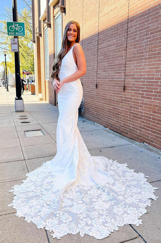 Spaghetti Strap Wedding Dresses with Deep V-Neck, Lace Applique Train and Open Back Bridal Gown by LANQI DRESS