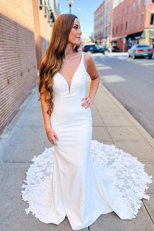 Spaghetti Strap Wedding Dresses with Deep V-Neck, Lace Applique Train and Open Back Bridal Gown by LANQI DRESS