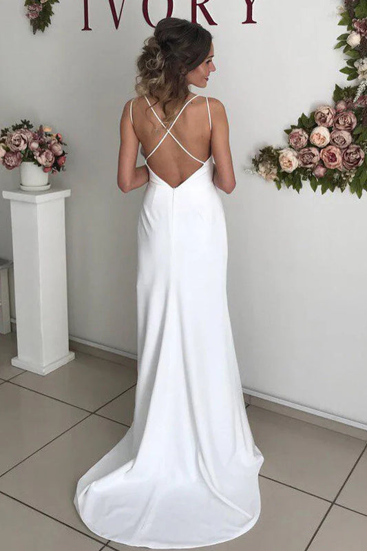 Spaghetti Strap Wedding Dresses with Wrap Bodice, High Slit and Crisscross Open Back Bridal Dress