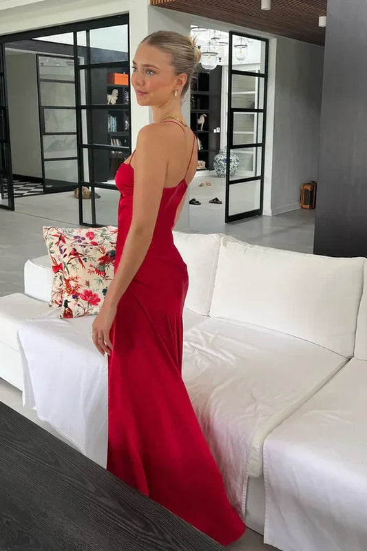 Red Satin Prom Dress with Strapless Neckline and High Slit