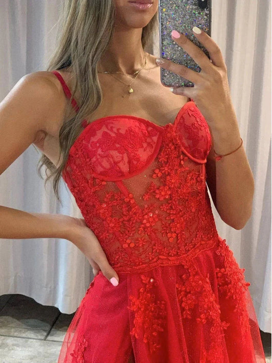 Spaghetti Straps Sleeveless Red Tulle Split Side Long Prom Dresses With Lace Maxi Dress simple gentle atmospheric and unique desi Bring summer colors to enhance whiteness by YiHuiw