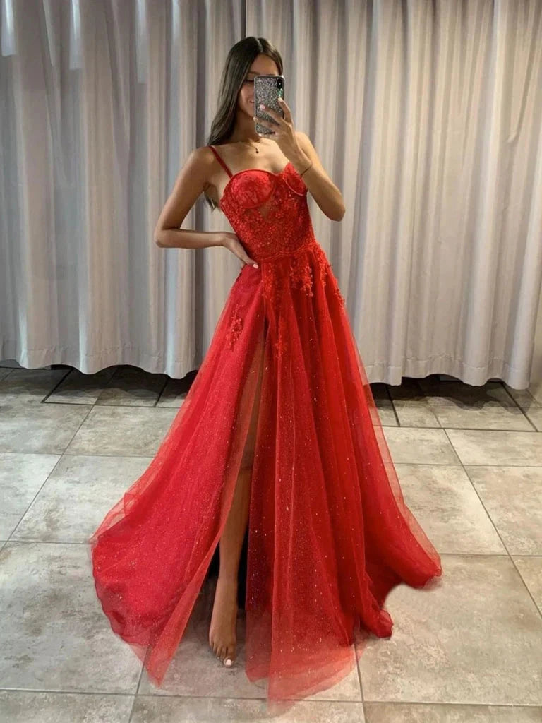 Spaghetti Straps Sleeveless Red Tulle Split Side Long Prom Dresses With Lace Maxi Dress simple gentle atmospheric and unique desi Bring summer colors to enhance whiteness by YiHuiw
