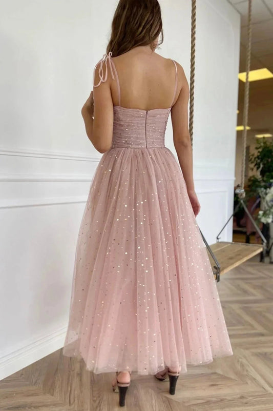 Spaghetti Straps Tulle Short Prom Dress Pink A-Line Evening Party Dress simple gentle atmospheric and unique desi Bring summer colors to enhance white by YiHuiw